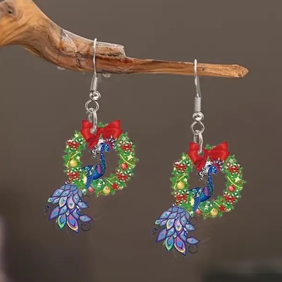 Peacock Christmas Wreath Wooden Earrings - Picture 6 of 6